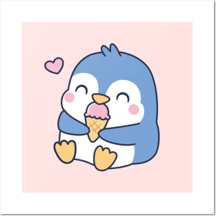 Cute Little Blue Penguin Loves Ice Cream Posters and Art